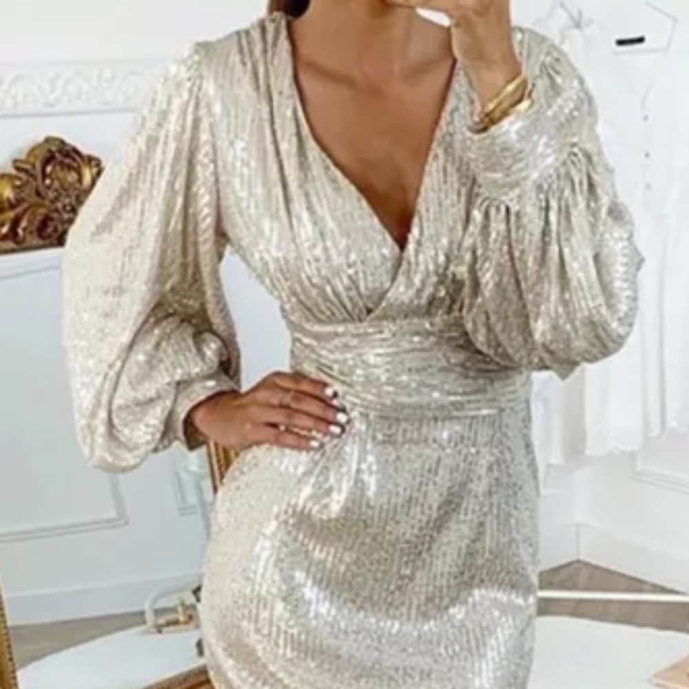 Gorgeous deep v neck silver dress (S) - Picture 2 of 3
